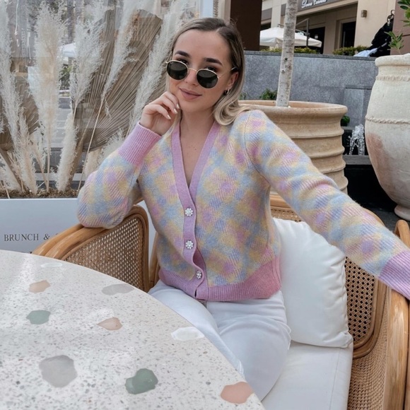 Zara Pastel Knit Argyle Jewel Button Cardigan Sweater - Picture 1 of 13